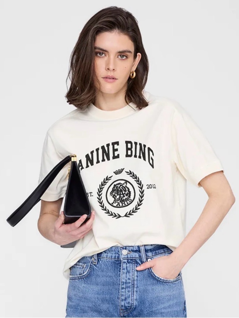 Anine Bing Jaylin Tee Collageiate Shirt in Washed Cream Size M